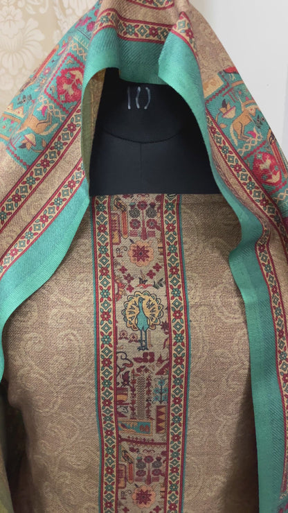 Kalakriti Pashmina Woolen Suit with Self-Design Base - Bottle Green