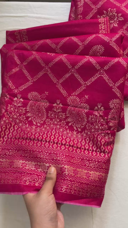 Magenta Pink Woolen Banarasi Suit with All-Over Design & Printed Stole