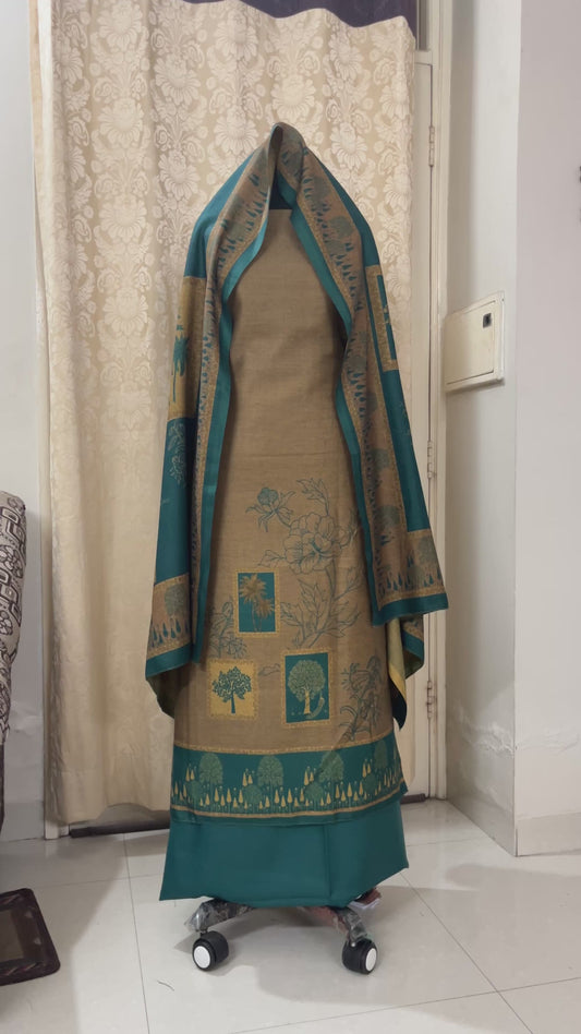Prakriti Beige & Firozi Woolen Suit with Matching Stole