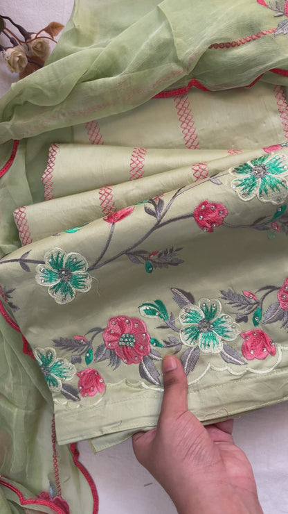 Green Jaam Cotton Suit with Embroidery & Scalloped-Edge Dupatta