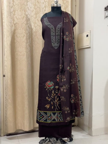 Woolen Suit with Digital Floral Print & Matching Stole - Coffee Brown