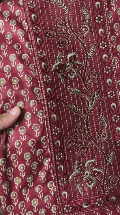 Roop Pure Cotton Suit Set with Embroidered Neck Patch - Brick Red