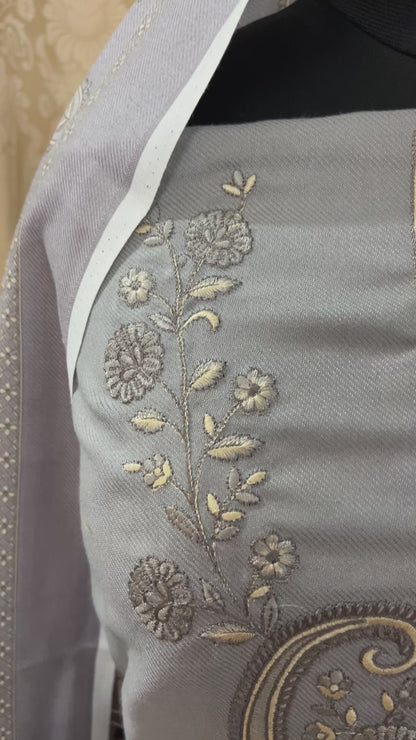 Zoya Pashmina Wool Suit with Boutique-Style Embroidery - Pastel Grey