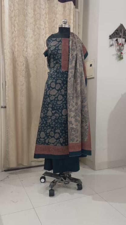 Dark Blue Woolen Suit with Floral Print & Contrasting Stole
