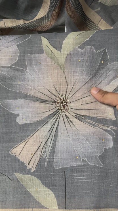 Hastkala Premium Linen Summer Floral Suit with Handwork - Pearl Grey