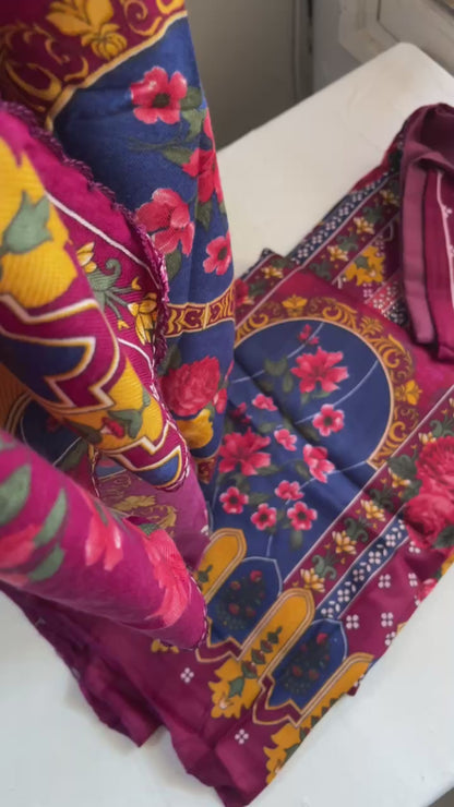 Pashmina Spun Digital Print Suit with Lace-Detail Stole & Plain Bottom