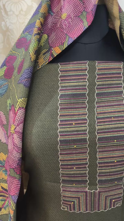 Gulnari Woolen Aari & Swarovski Work Suit with Printed Stole - Green