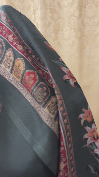 Zaara Aari-Work Toosh Pashmina Woolen Suit - Smoky Green