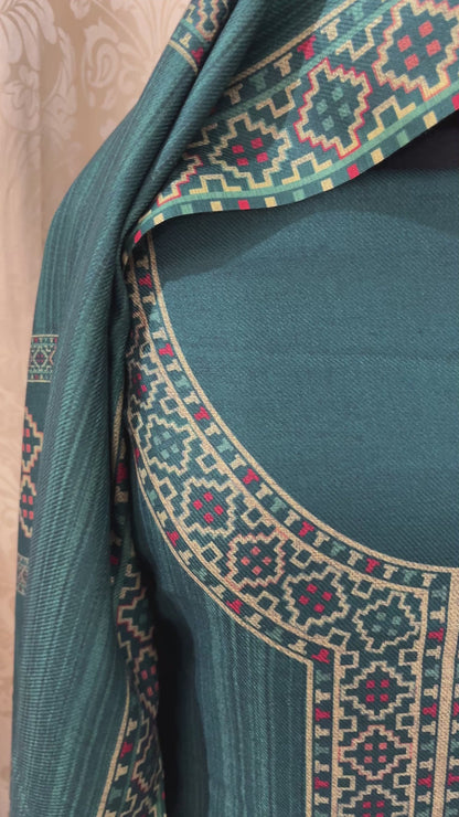 Pashmina Kullvi Digitally Printed Woolen Suit & Stole - Green