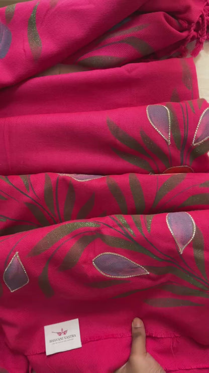 Rani Pink Woolen Hand-Painted Suit with Matching Stole