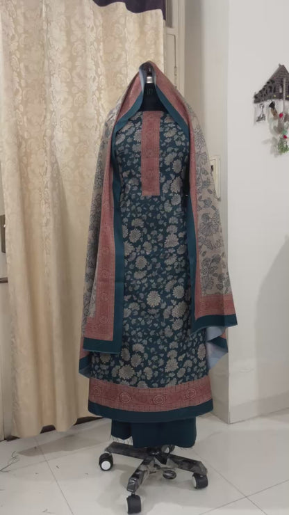 Dark Blue Woolen Suit with Floral Print & Contrasting Stole