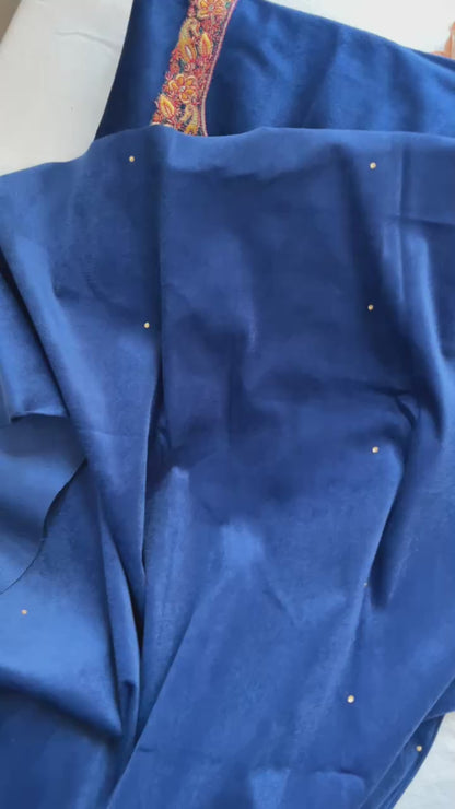 Royal Blue Woolen Corduroy Suit with Neck Design & Stole
