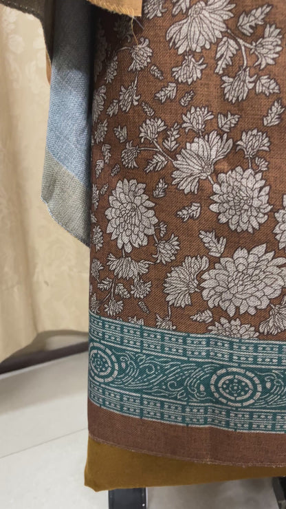 Mocha Woolen Suit with Floral Print & Contrasting Stole