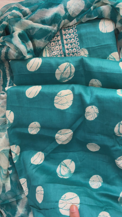 Blue Cotton Polka Print Suit with Neck Patti & Digital Chiffon Dupatta