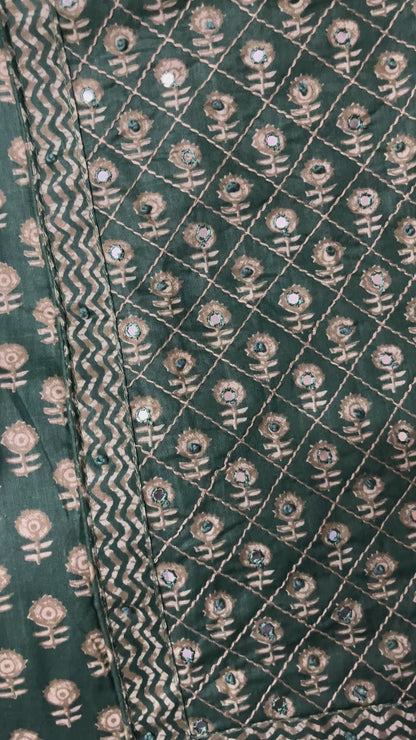 Paalki Pure Cotton Suit Set with Knot & Mirror Work Neck Patch - Bottle Green