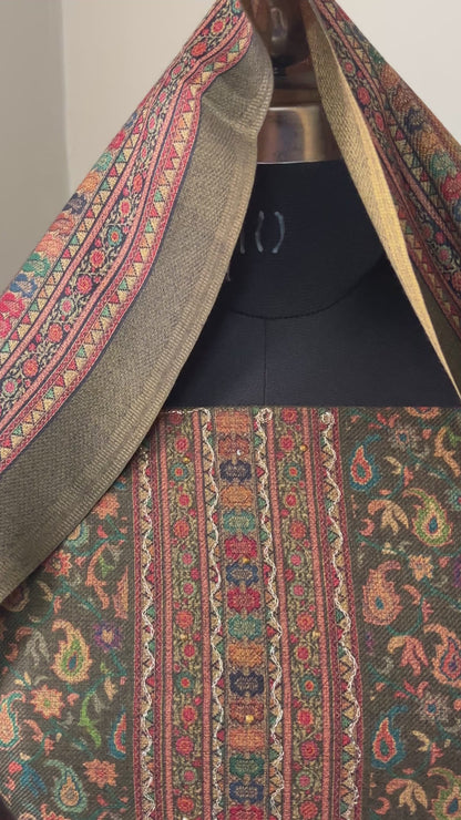 Heer Aari-Swarovski Toosh Pashmina Woolen Suit - Mehndi Green