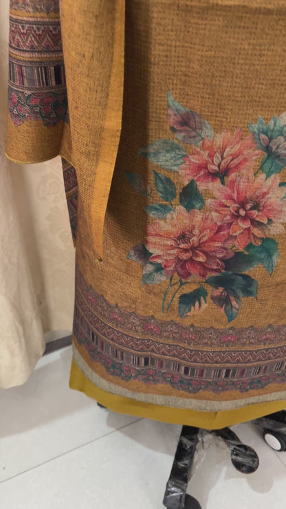 Aangan Pashmina Woolen Suit with Digital Floral Print - Mustard