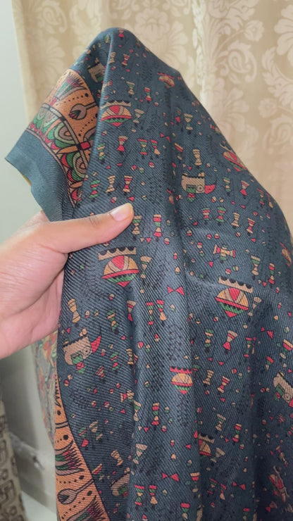 Noorvi Warli Print Woolen Suit with Floral Neck Patti & Printed Stole - Steel Blue