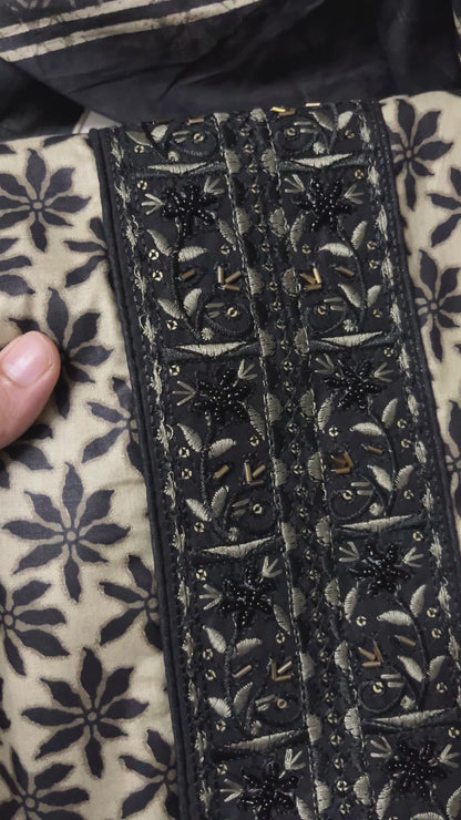 Nagma Pure Cotton Suit Set with Hand Embroidered Neck Patch - Black