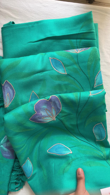 Teal Blue Woolen Hand-Painted Suit with Matching Stole