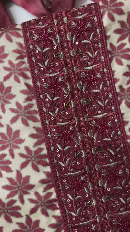 Nagma Pure Cotton Suit Set with Hand Embroidered Neck Patch - Rustic Red