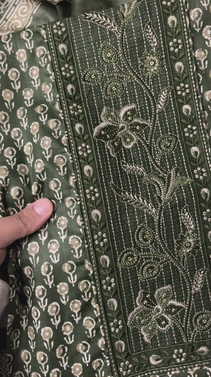 Roop Pure Cotton Suit Set with Embroidered Neck Patch - Mehndi Green