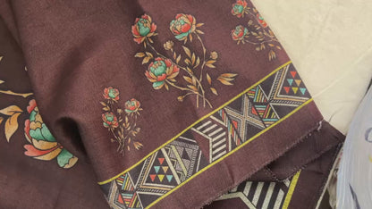Woolen Suit with Digital Floral Print & Matching Stole - Coffee Brown