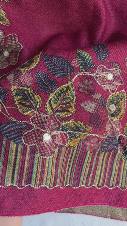 Gulnari Woolen Aari & Mirror Work Suit with Printed Stole - Pink