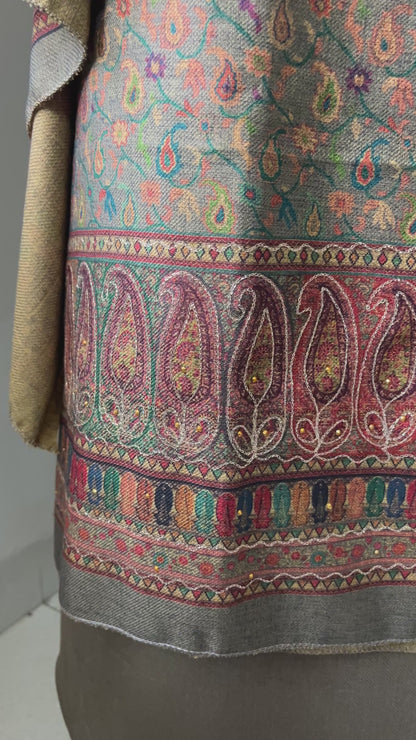 Heer Aari-Swarovski Toosh Pashmina Woolen Suit - Pearl Grey