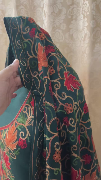 Kashmiri Embroidered Woolen Suit with Full Jaal Stole - Peacock Green