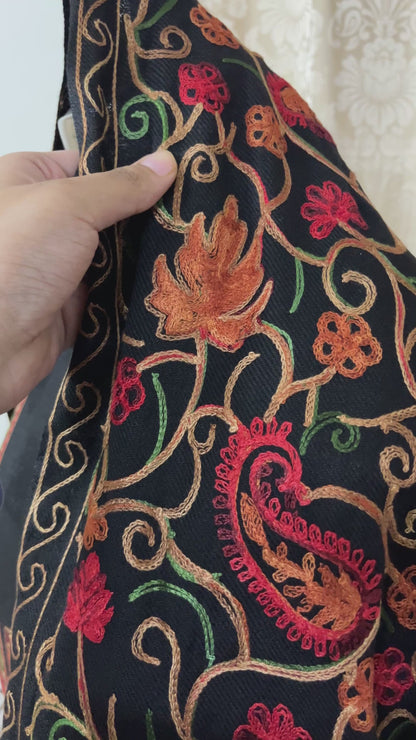 Kashmiri Embroidered Woolen Suit with Full Jaal Stole - Black