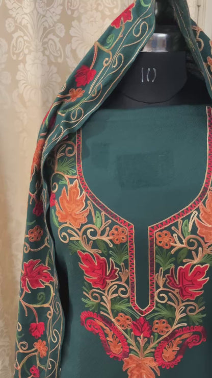 Kashmiri Embroidered Woolen Suit with Full Jaal Stole - Peacock Green