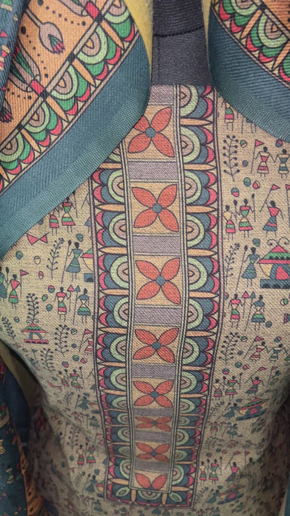 Noorvi Warli Print Woolen Suit with Floral Neck Patti & Printed Stole - Steel Blue