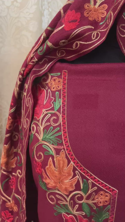 Kashmiri Embroidered Woolen Suit with Full Jaal Stole - Red