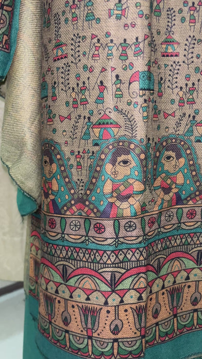 Noorvi Warli Print Woolen Suit with Floral Neck Patti & Printed Stole - Bottle Green