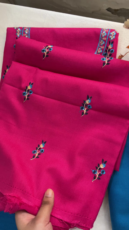Pretty Pink Woolen Suit with Blue Embroidery, Booti Work & Tassel Stole