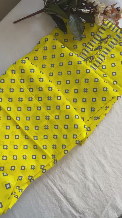 Yellow Cotton Suit with Hand-worked Neck Patti & Cotton Dupatta