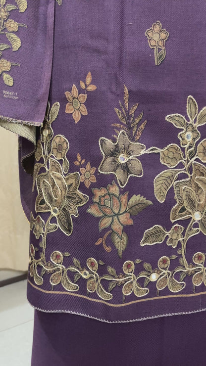 Phool Aari-Work Toosh Pashmina Woolen Suit - Purple
