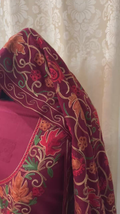 Kashmiri Embroidered Woolen Suit with Full Jaal Stole - Red