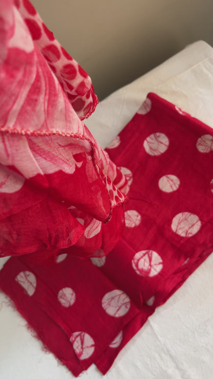 Red Cotton Polka Print Suit with Neck Patti & Digital Chiffon Dupatta