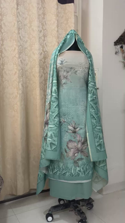 Ombre Blue Viscose Pashmina Suit with Aari Work & Digital Printed Stole