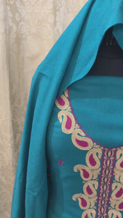 Pretty Blue Woolen Suit with Embroidery, Booti Work & Tassel Stole