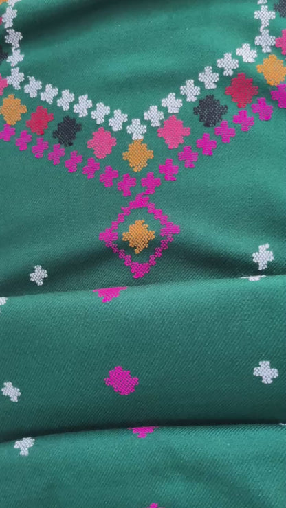 Heritage Kullvi Woolen Suit with Printed Stole in Bottle Green