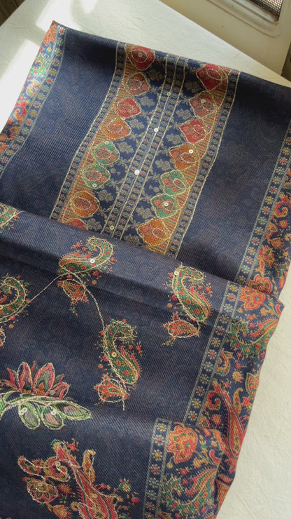 Navy Woolen Aari Work Suit with Matching Printed Stole