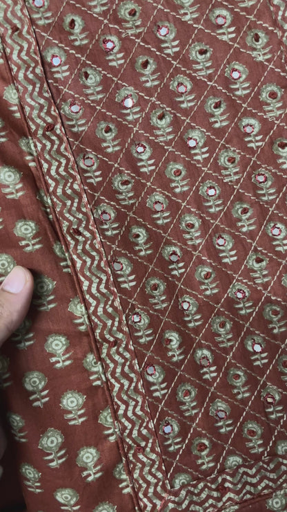 Paalki Pure Cotton Suit Set with Knot & Mirror Work Neck Patch - Rust