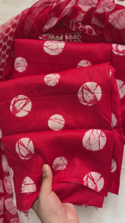 Red Cotton Polka Print Suit with Neck Patti & Digital Chiffon Dupatta