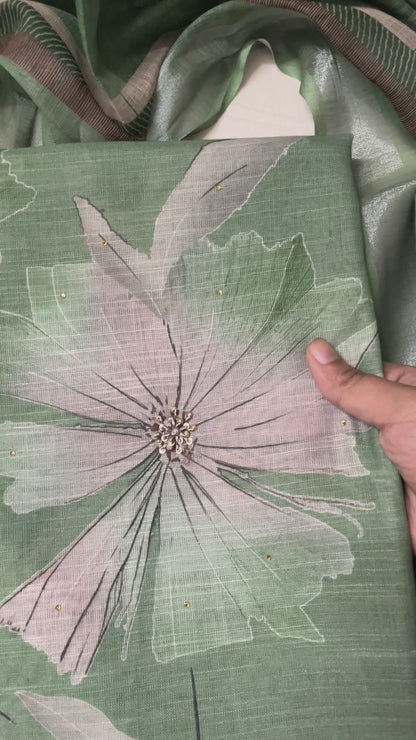Hastkala Premium Linen Summer Floral Suit with Handwork - Sage Green