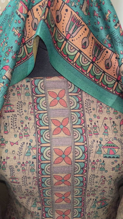 Noorvi Warli Print Woolen Suit with Floral Neck Patti & Printed Stole - Bottle Green