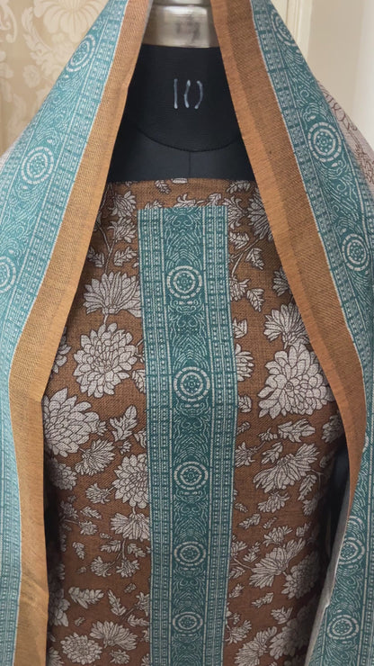 Mocha Woolen Suit with Floral Print & Contrasting Stole