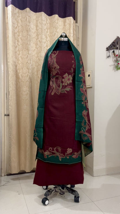 Wool Lurex Suit with Floral Print & Swarovski Detailing - Maroon
